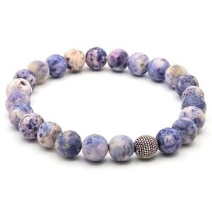Handmade Matte Natural Sodalite‎ Stretch Bracelet with Silvertone  Accent Bead